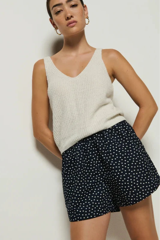 Nation LTD Flynn Short in Polka Dot front view- dear lucy 
Elastic waist band shorts with a navy blue base and small white polka dots.
