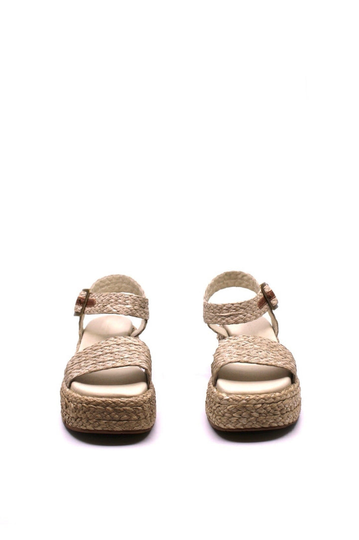 raffia and a woven ankle strap platform sandals, with leather lining and a padded footbed for ultimate comfort. features  a 2" heel and 1 1/2" platform in ivory color from chocolat blu