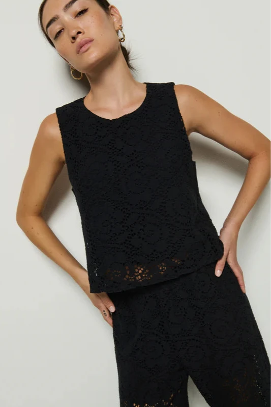 Nation LTD Sheri Lace Tank front view -dear lucy
Black lace tank, slightly cropped, high neckline, and wide straps with a black slip underneat.