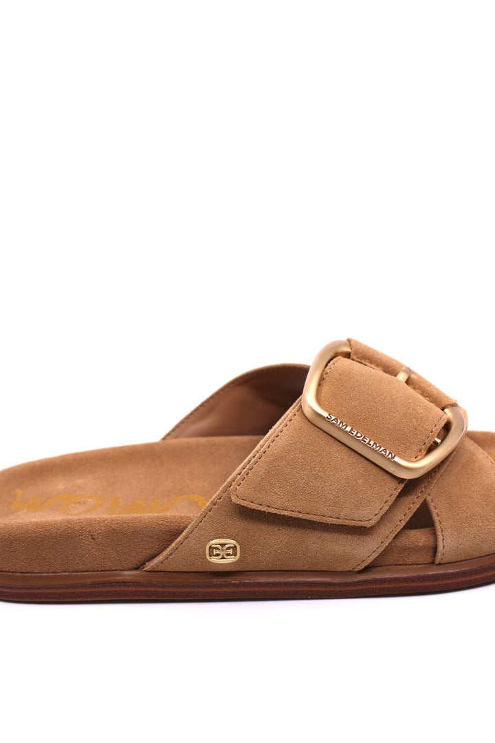 Sam Edelman Darla Tan Suede side view- Dear Lucy  With its cozy suede footbed and trendy gold buckle accents