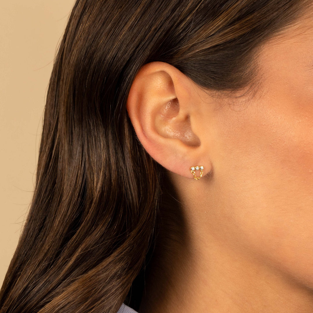 Adina Eden Mini Triple CZ Bezel Bar Drop Chain Stud Earring – Gold/Clear