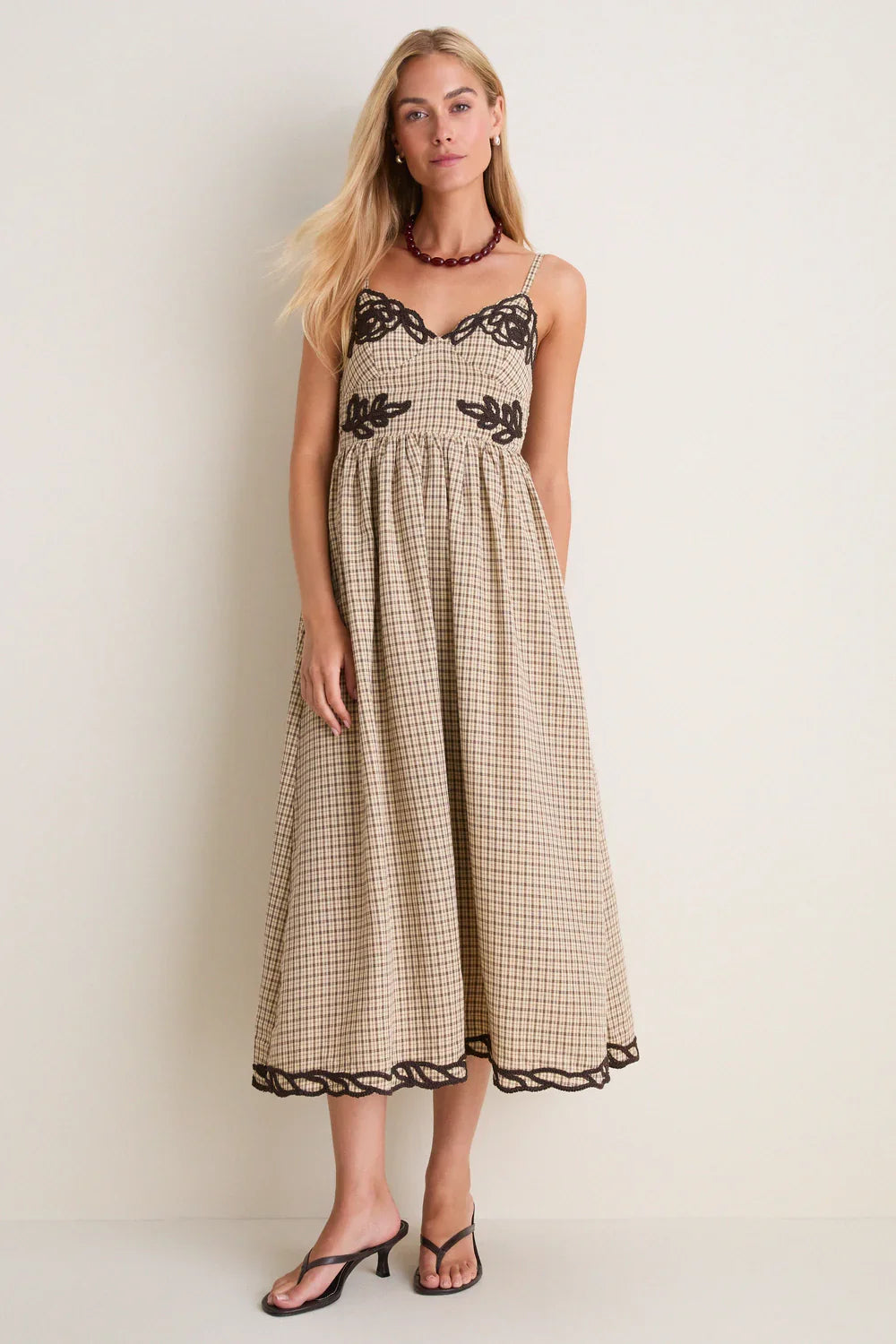 Moon River Brown Multi Embroidered Plaid Midi Dress
