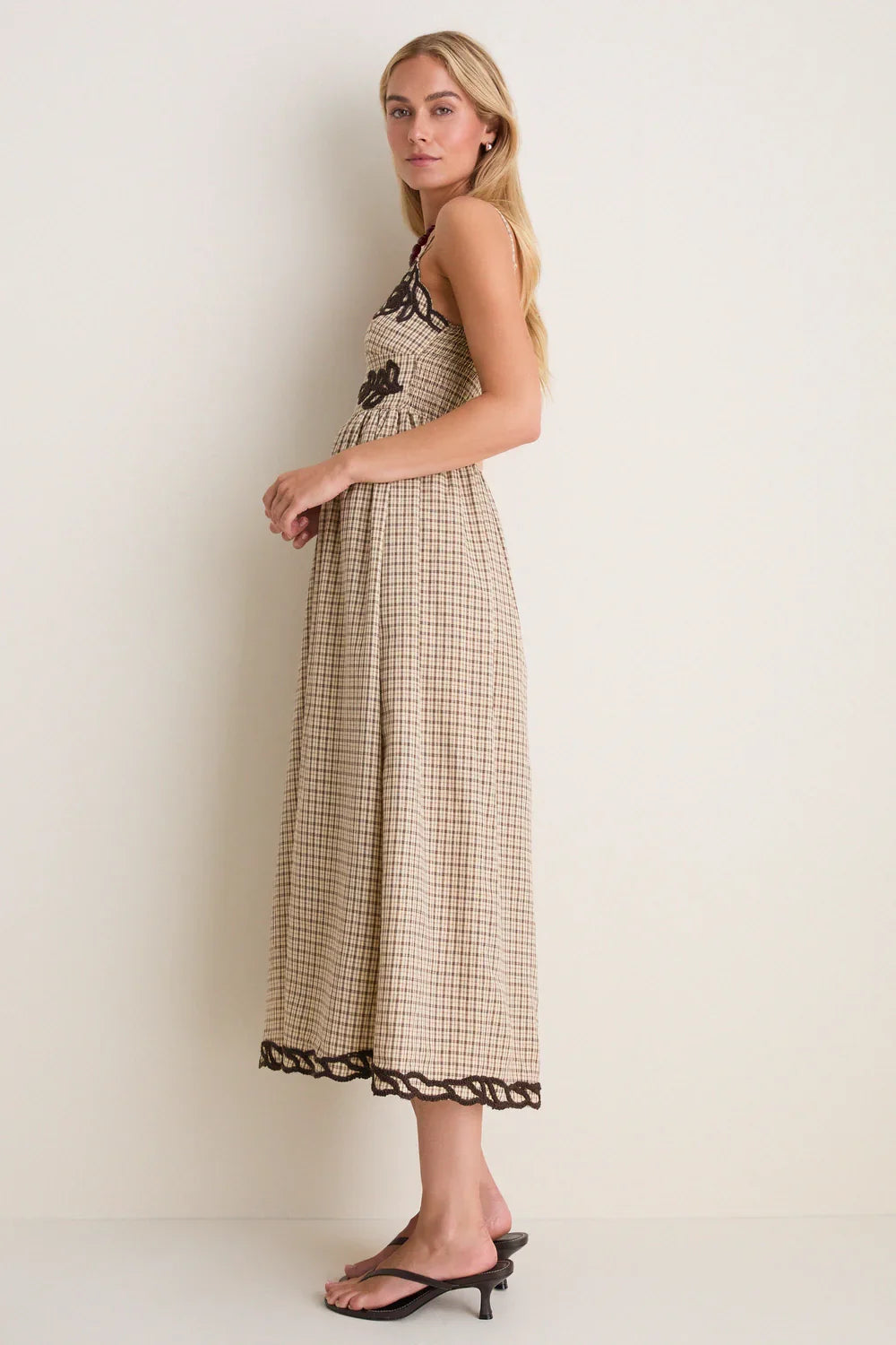 Moon River Brown Multi Embroidered Plaid Midi Dress