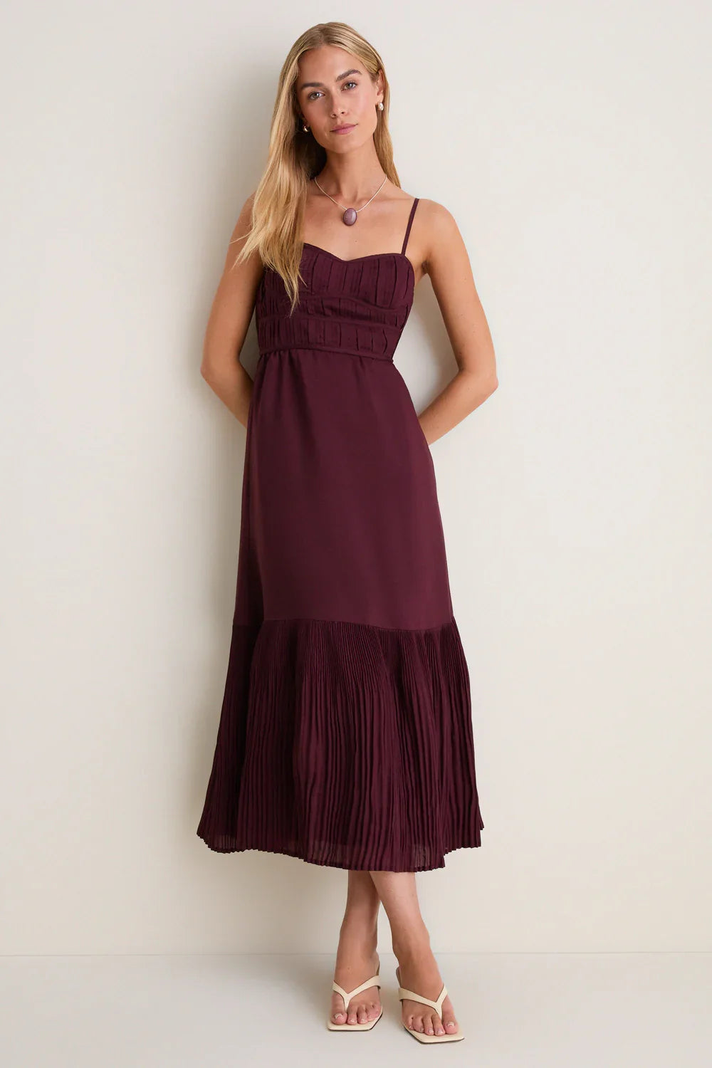 Moon River Wine Pleated Strapless Midi Dress