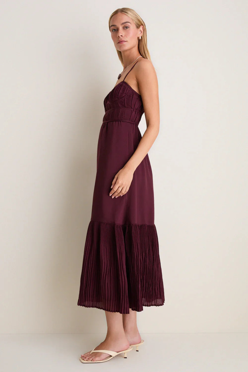Moon River Wine Pleated Strapless Midi Dress