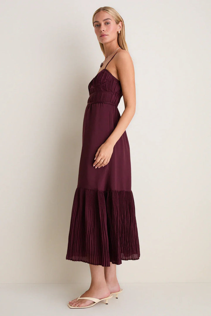 Moon River Wine Pleated Strapless Midi Dress