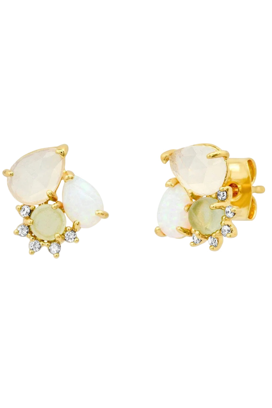 Gold earrings with opal stones on a white background