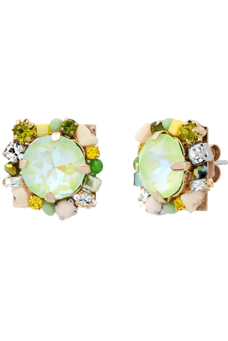 Pair of earrings with green gemstones and gold accents on a white background