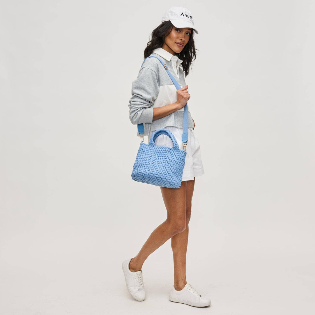Sol and Selene Sky's The Limit - Small Sustainable Crossbody: Azure - Dear Lucy Item Type: Crossbody
*Material: Polyester
*Closure: Snap
*Exterior Details: Woven, Adjustable/ detachable shoulder strap 18"-29"
*Interior Details: Open Compartment, Removeable Zipper Pouch
*Handle Drop: 5"