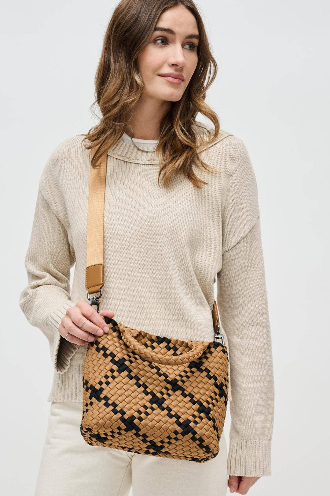 Sol and Selene Sky's The Limit - Small Woven Neoprene Crossbody: Sand Black - Dear Lucy