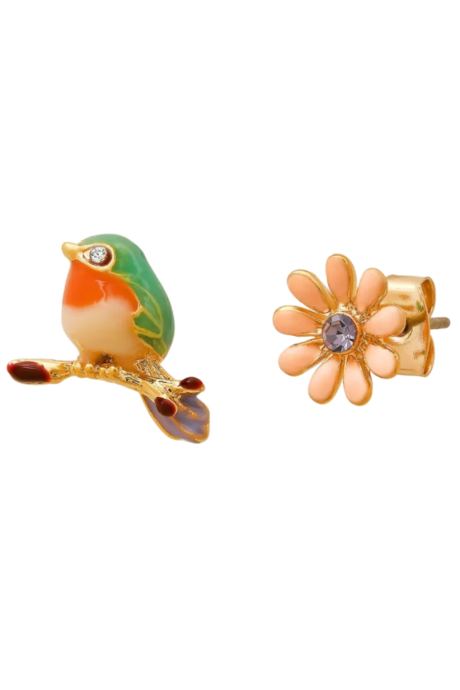 Bird and flower-shaped earrings on a white background