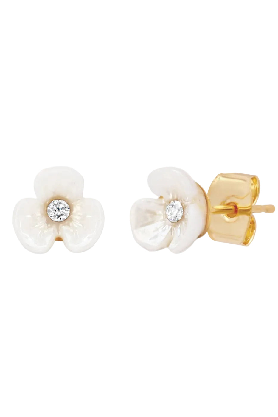 Floral earrings with gold and pearl design on a white background