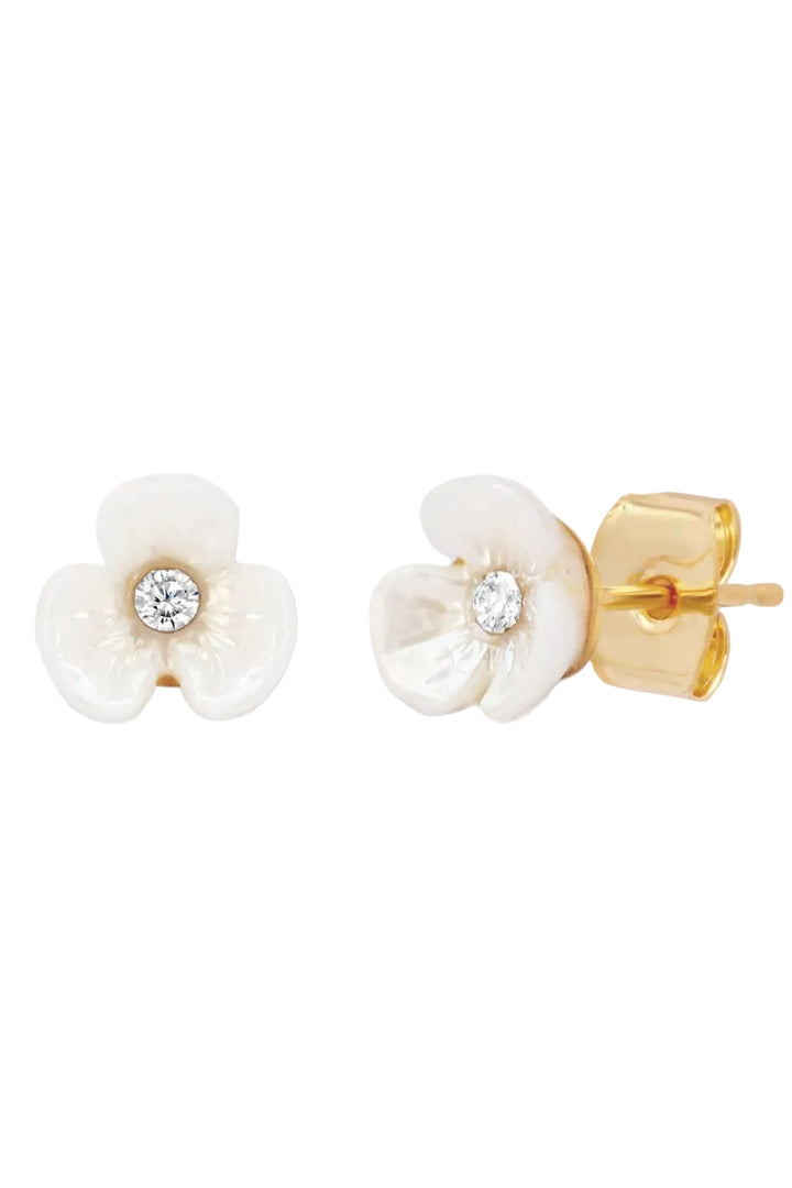Floral earrings with gold and pearl design on a white background