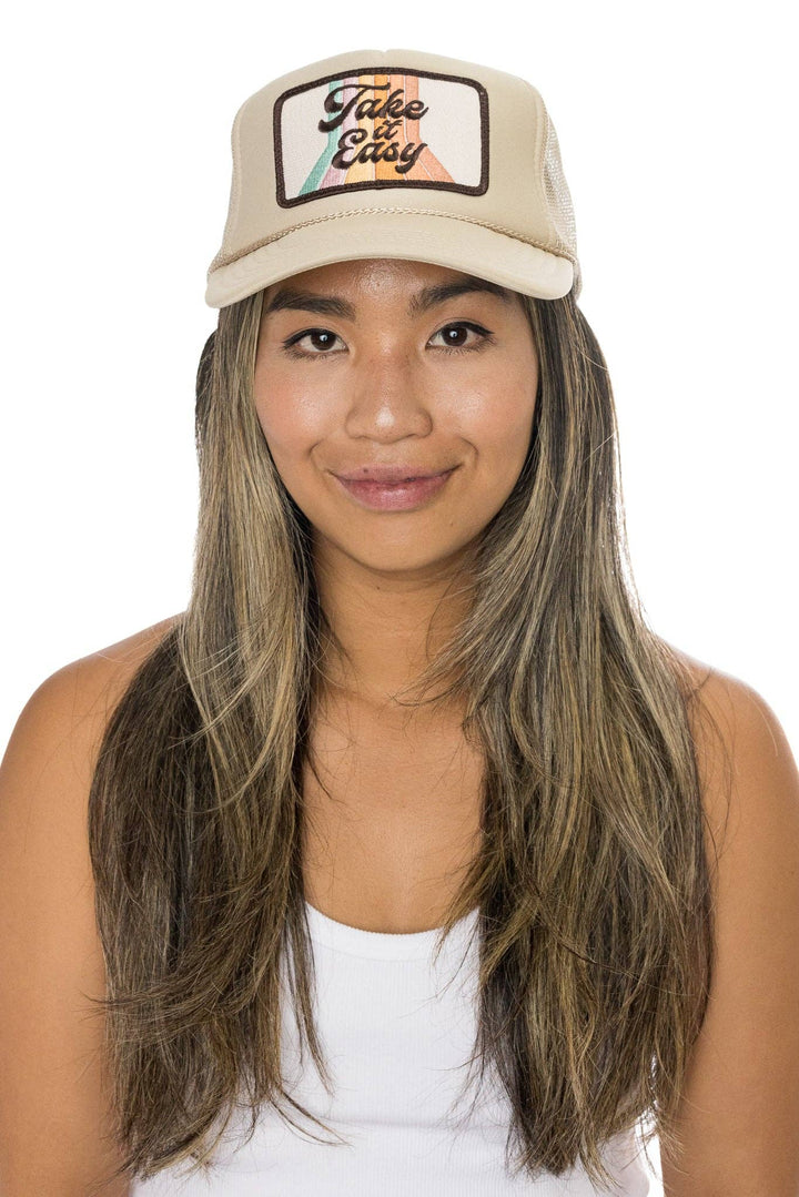 Take It Easy Trucker Hat in Tan - Dear Lucy