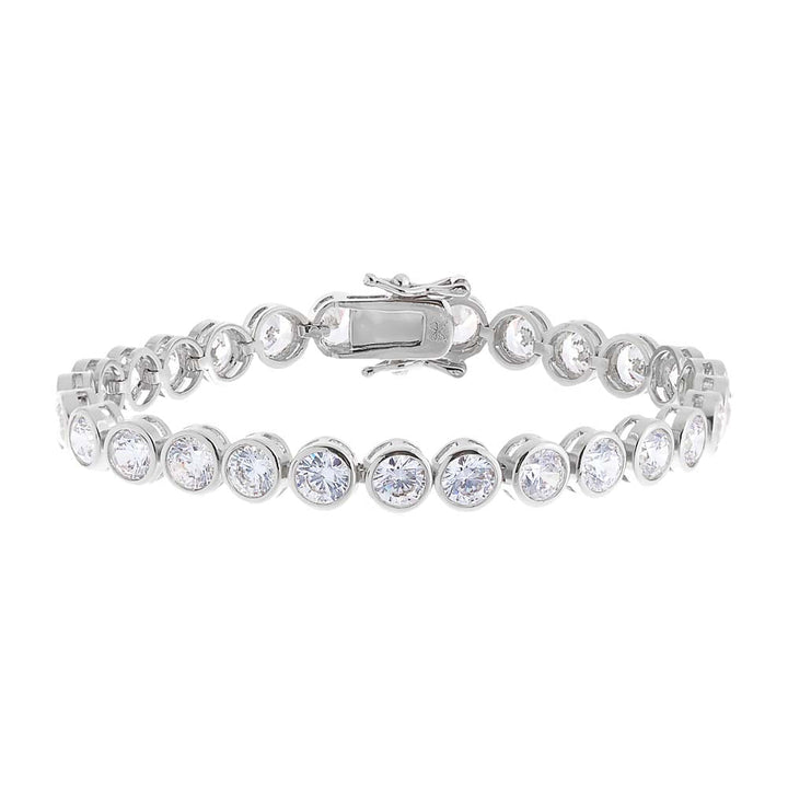 Silver bracelet with clear gemstones on a white background