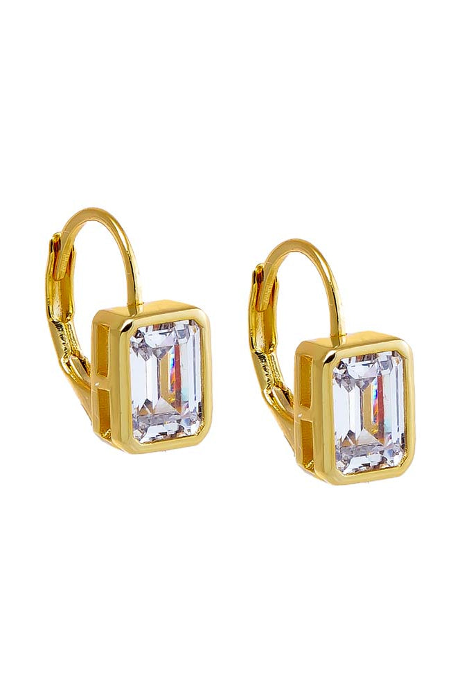 Gold hoop earrings with rectangular gemstones on a white background