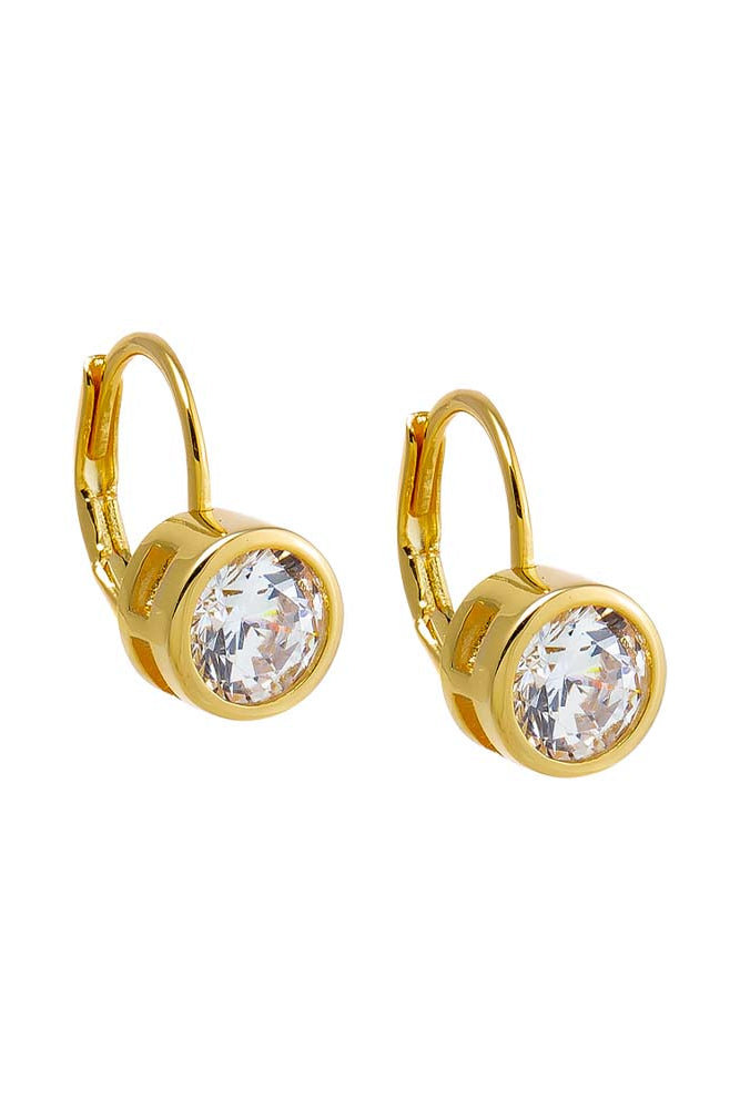 Gold hoop earrings with clear gemstones on a white background