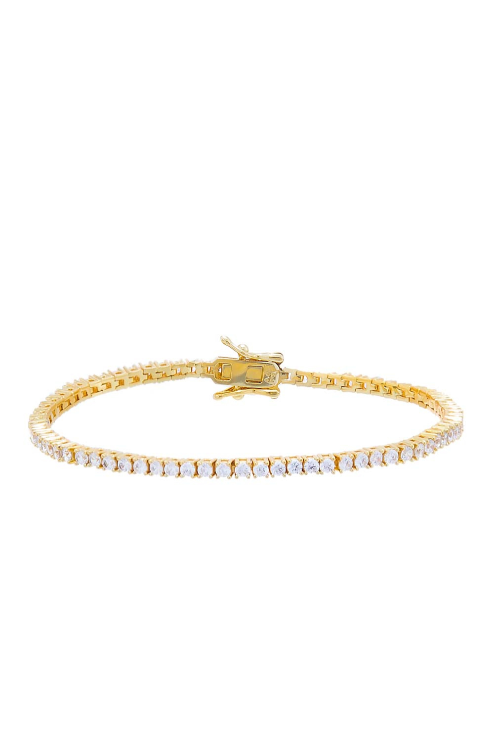 Gold bracelet with diamond-like stones on a white background