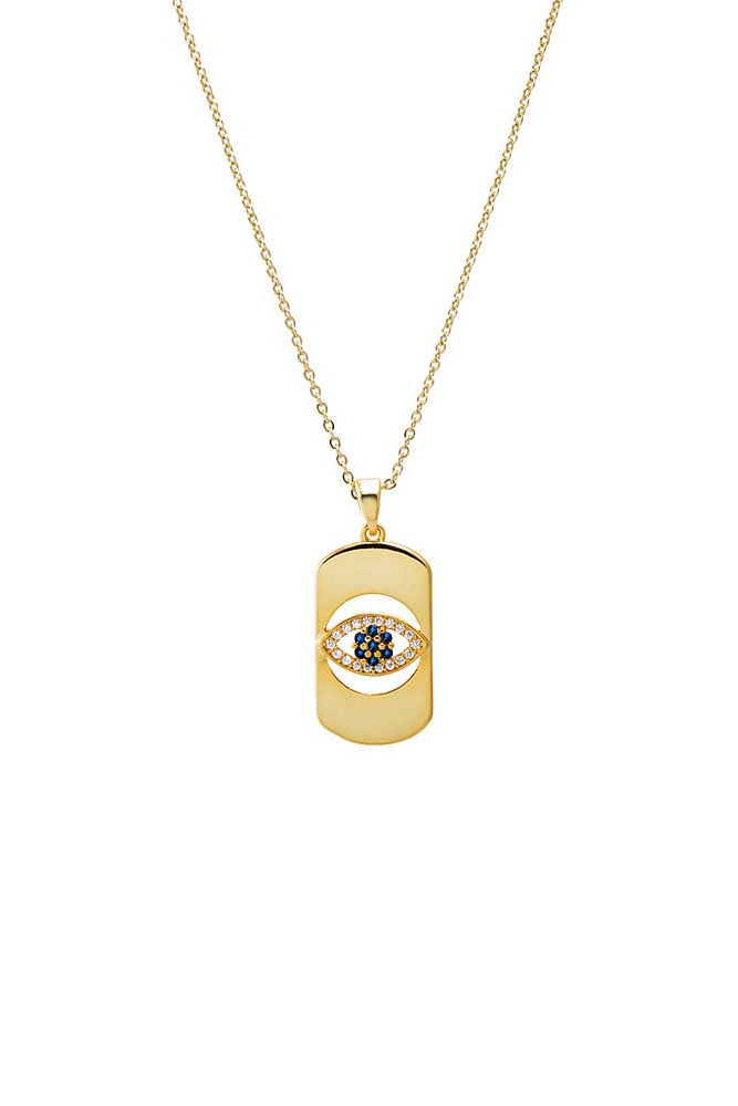 Gold necklace with a pendant featuring an eye design on a white background