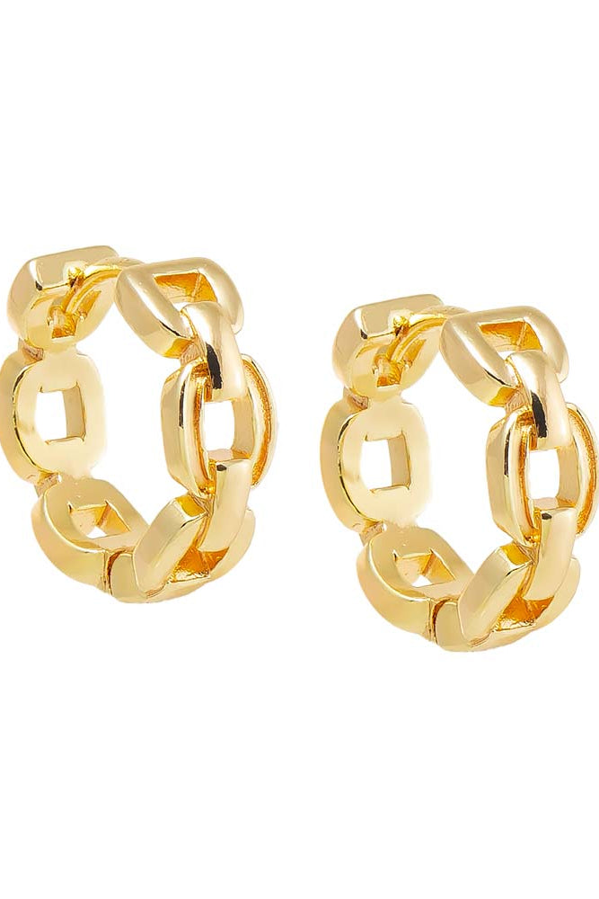 Gold chain hoop earrings on a white background
