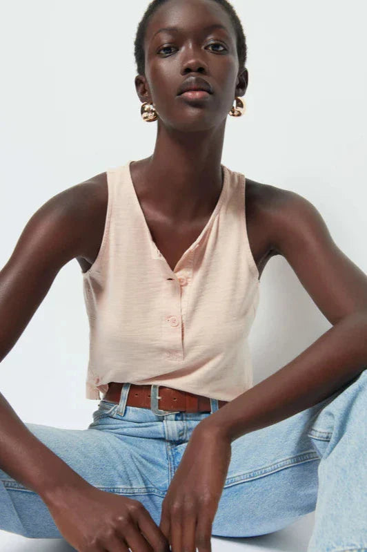 Nation LTD Bree Tank With Contrast Inset in Bisque front view- Dear Lucy
Tank top featuring a button placket scoop neck and contrast Poplin insets in a peach color.
