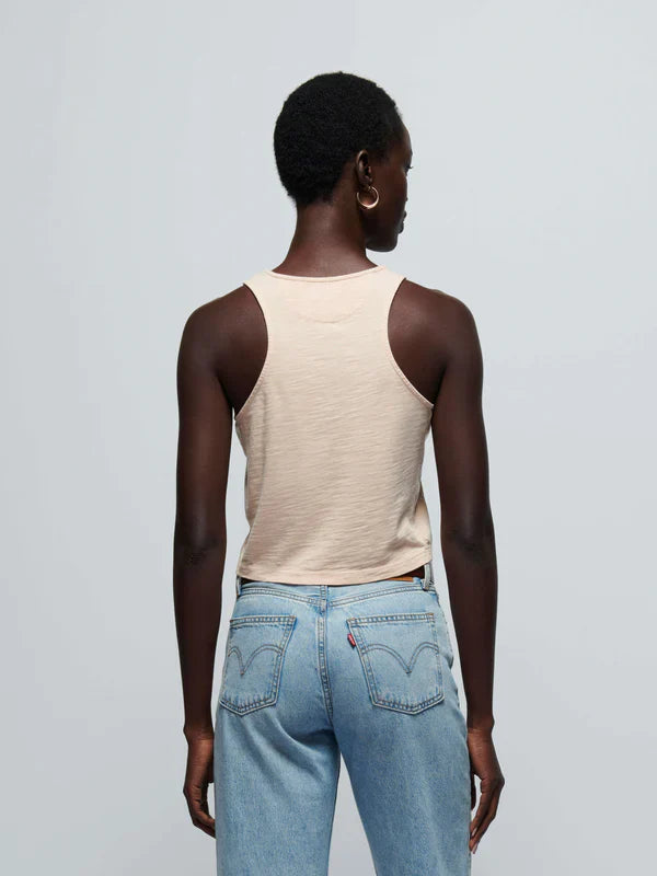 Nation LTD Bree Tank With Contrast Inset in Bisque back view- Dear Lucy Tank top featuring a button placket scoop neck and contrast Poplin insets in a peach color.