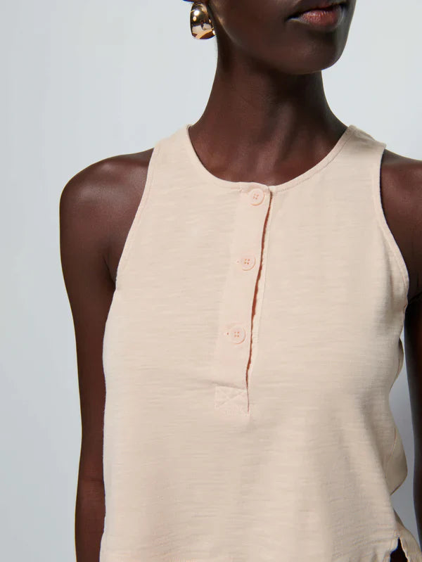 Nation LTD Bree Tank With Contrast Inset in Bisque front view- Dear Lucy Tank top featuring a button placket scoop neck and contrast Poplin insets in a peach color.