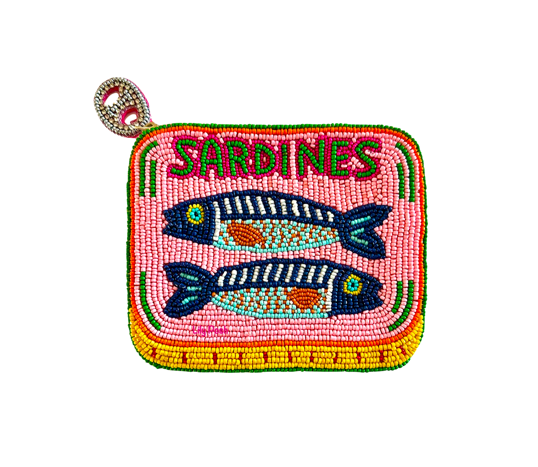 Beaded pouch with 'Sardines' text and fish illustrations on a pink background