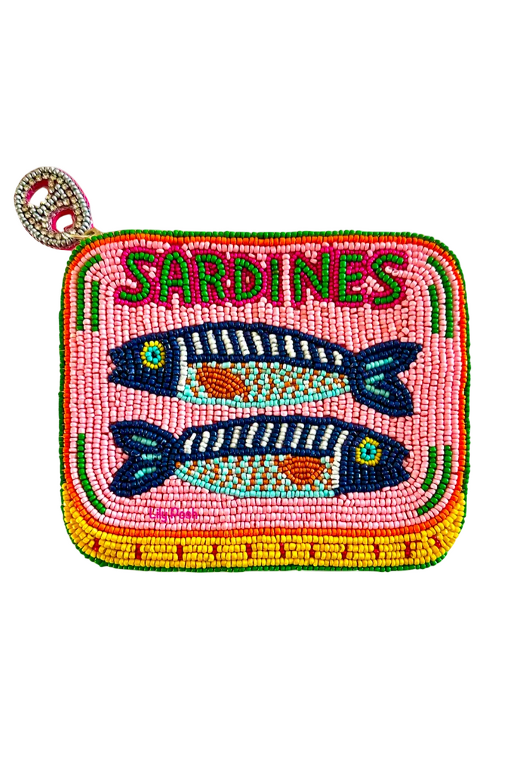 Beaded pouch with 'Sardines' text and fish illustrations on a pink background