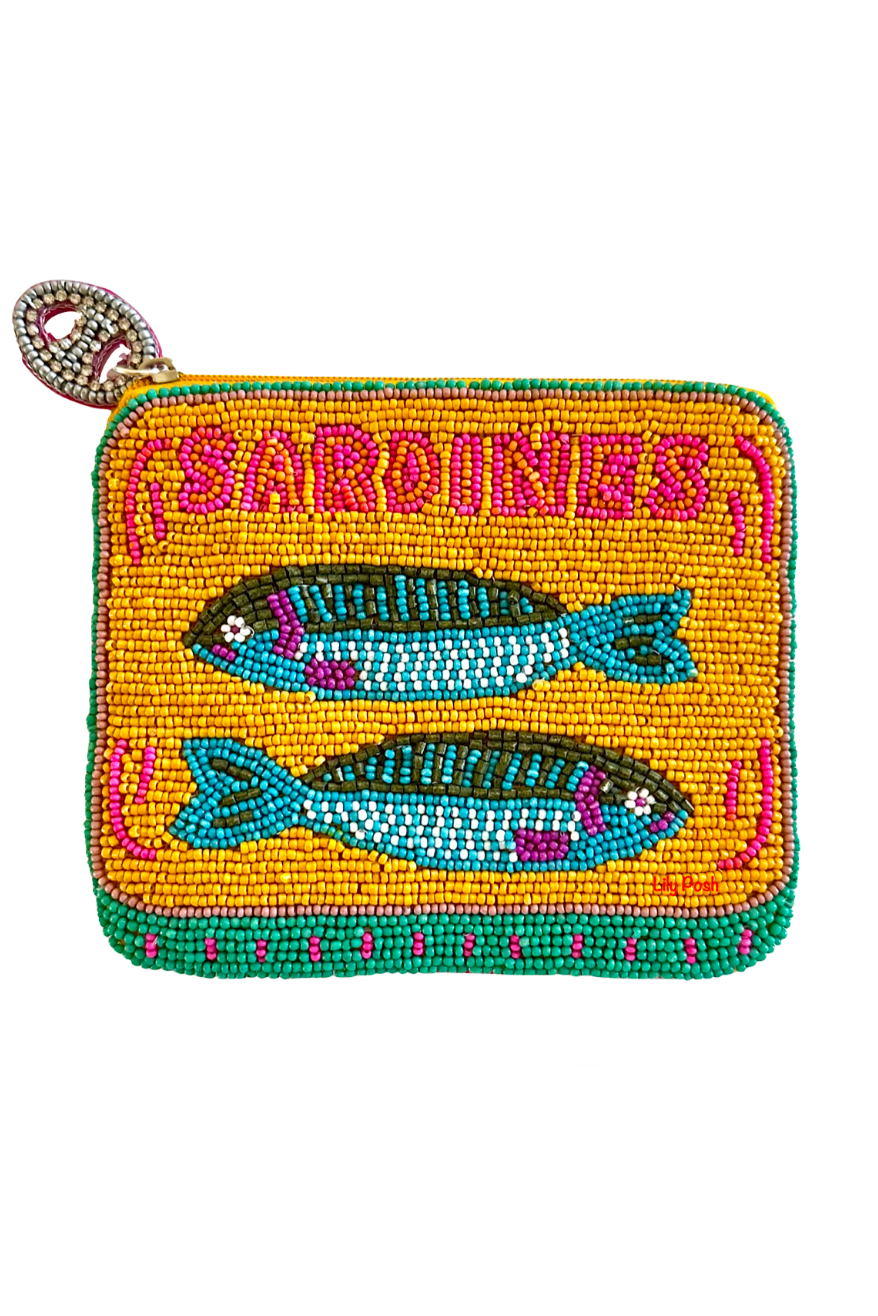 Beaded pouch with fish design and 'Sardines' text on a yellow background