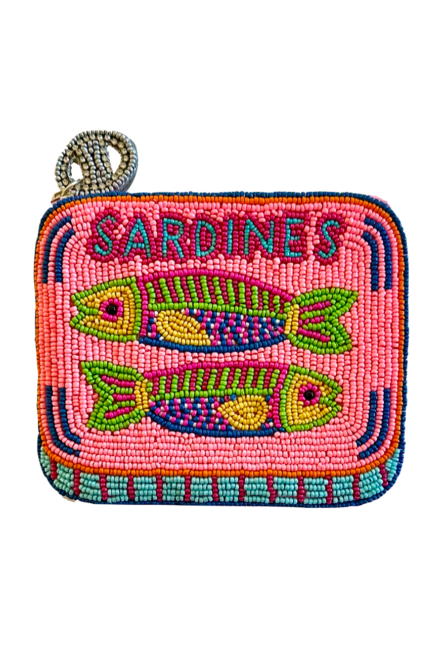 Beaded pouch with 'Sardines' text and fish illustrations on a pink background