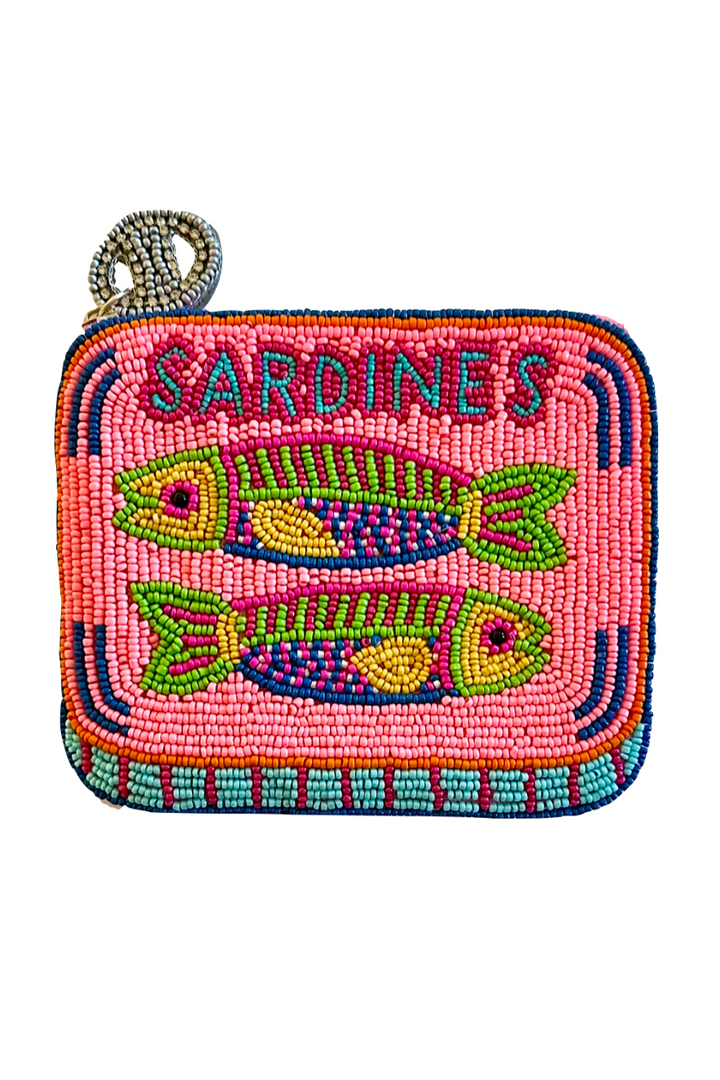 Beaded pouch with 'Sardines' text and fish illustrations on a pink background