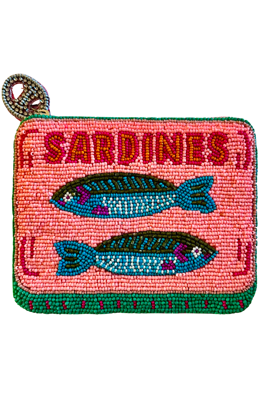 Beaded pouch with 'Sardines' text and fish illustrations on a pink background