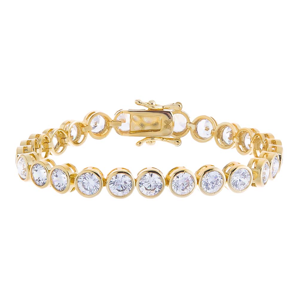 Gold bracelet with clear gemstones on a white background
