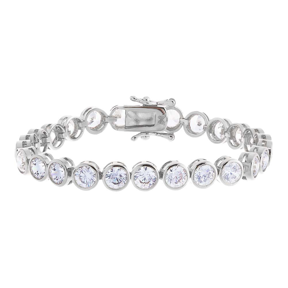 Silver bracelet with clear gemstones on a white background