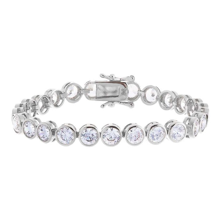 Silver bracelet with clear gemstones on a white background