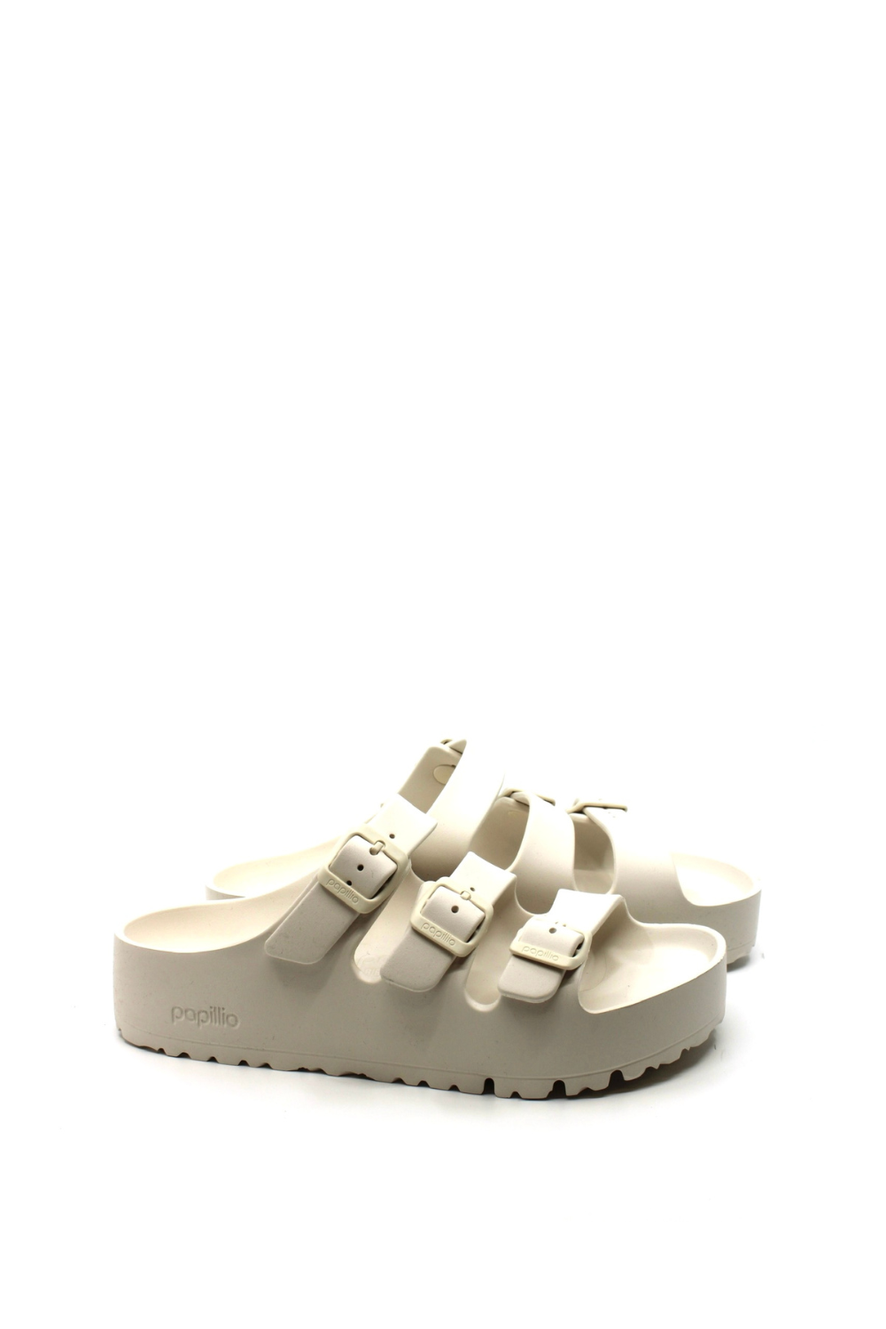 white platform sandal with three straps 