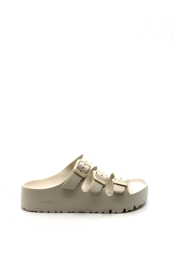 white platform sandal with three straps
