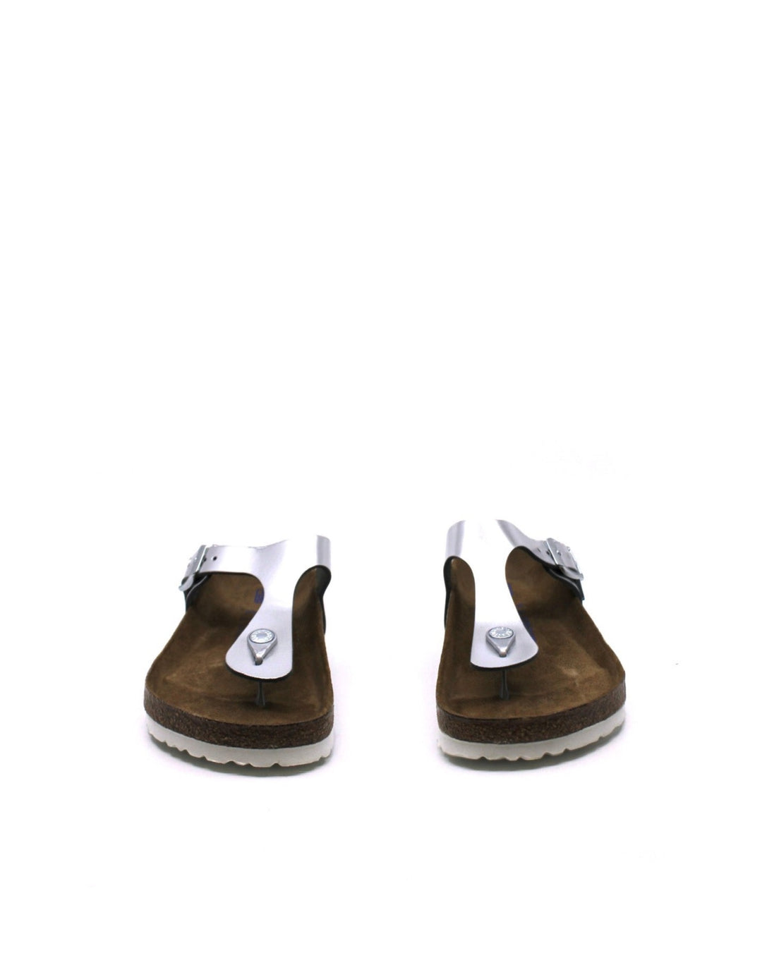 Birkenstock Gizeh Silver Metallic Leather Soft Footbed Regular Width top view- Dear Lucy
Thong sandal with an adjustable strap and a soft cork footbed and leather upper in metallic silver.