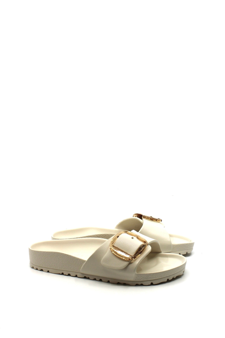 white Eva one strap sandal with gold buckles 