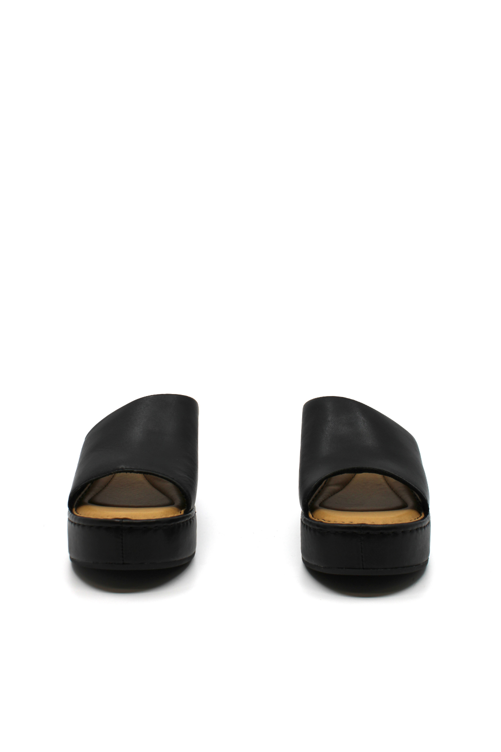 Pair of black open-toe platform shoes on a white background