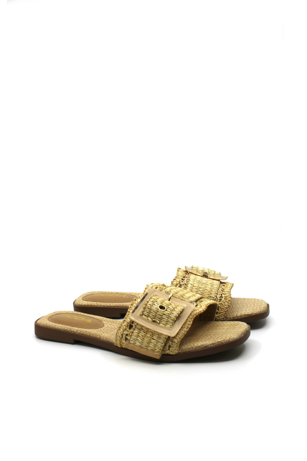 Pair of woven sandals with a buckle on a white background