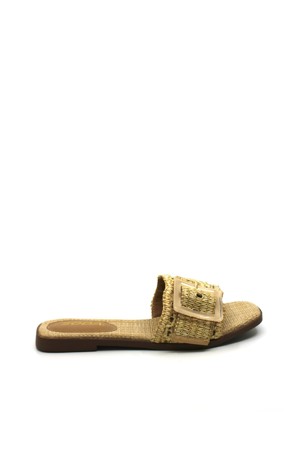 Gold sandal with woven design on a white background