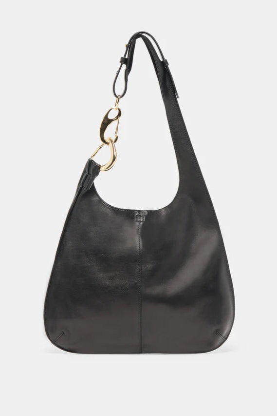 Black leather handbag with a gold ring detail 
