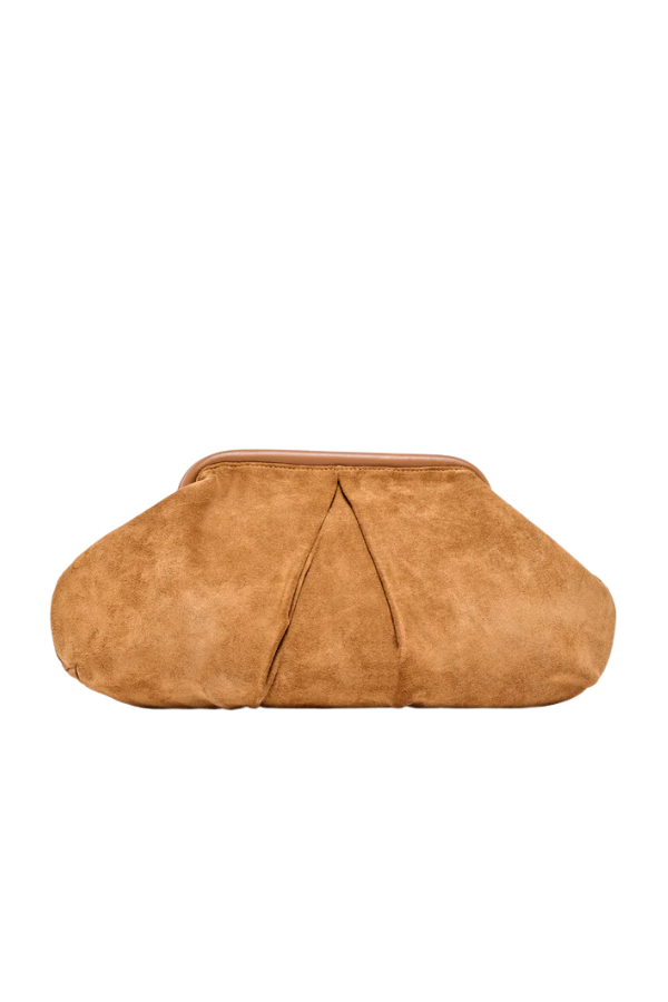Brown suede clutch bag on a white background