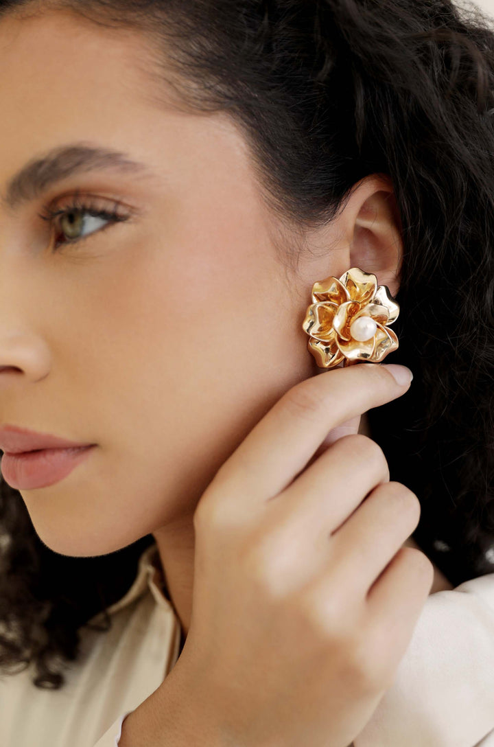 Ettika Golden Petals and Pearl Stud Earrings