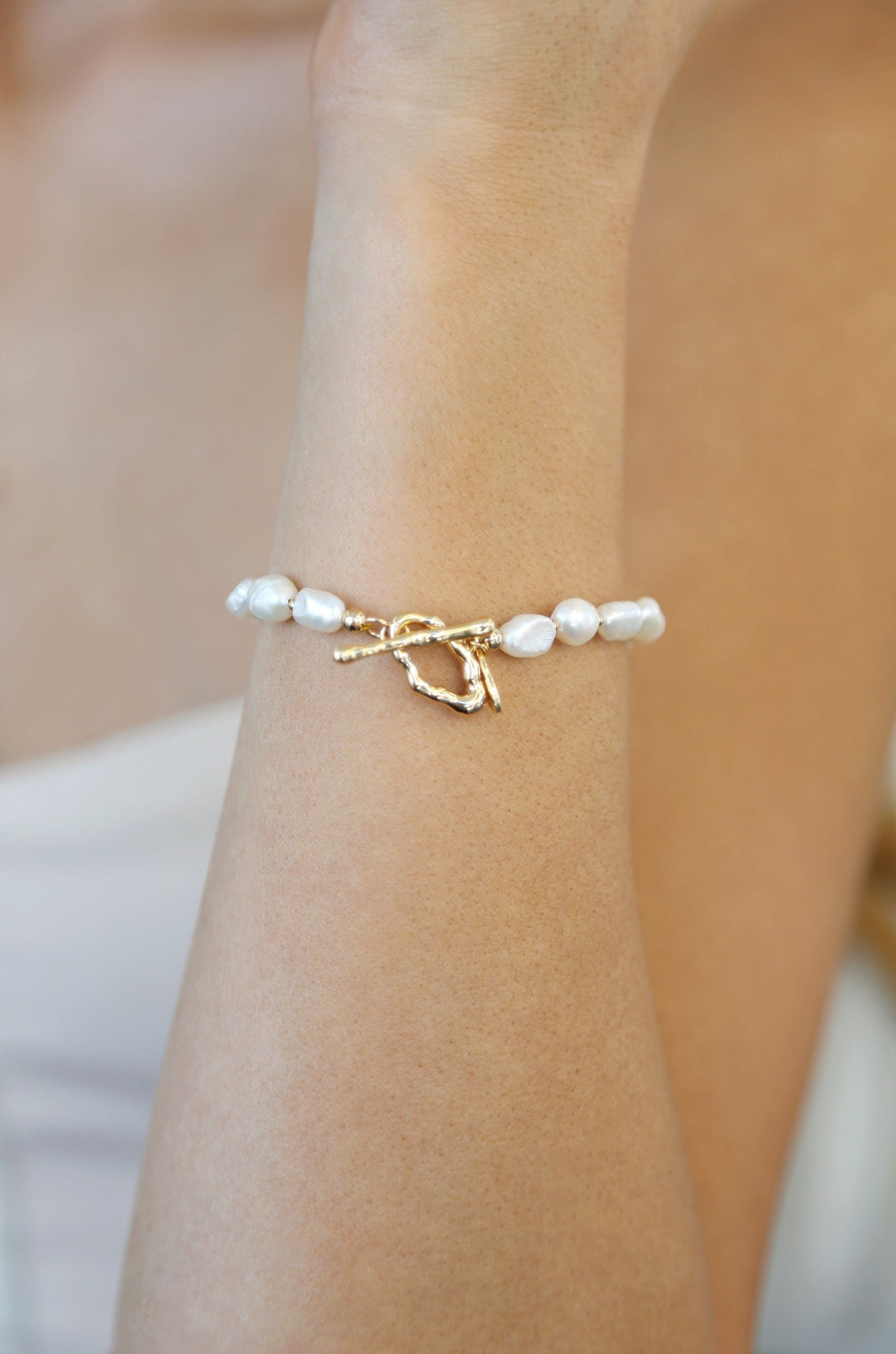 Freshwater Pearl and Gold Nugget Toggle Bracelet - Dear Lucy
