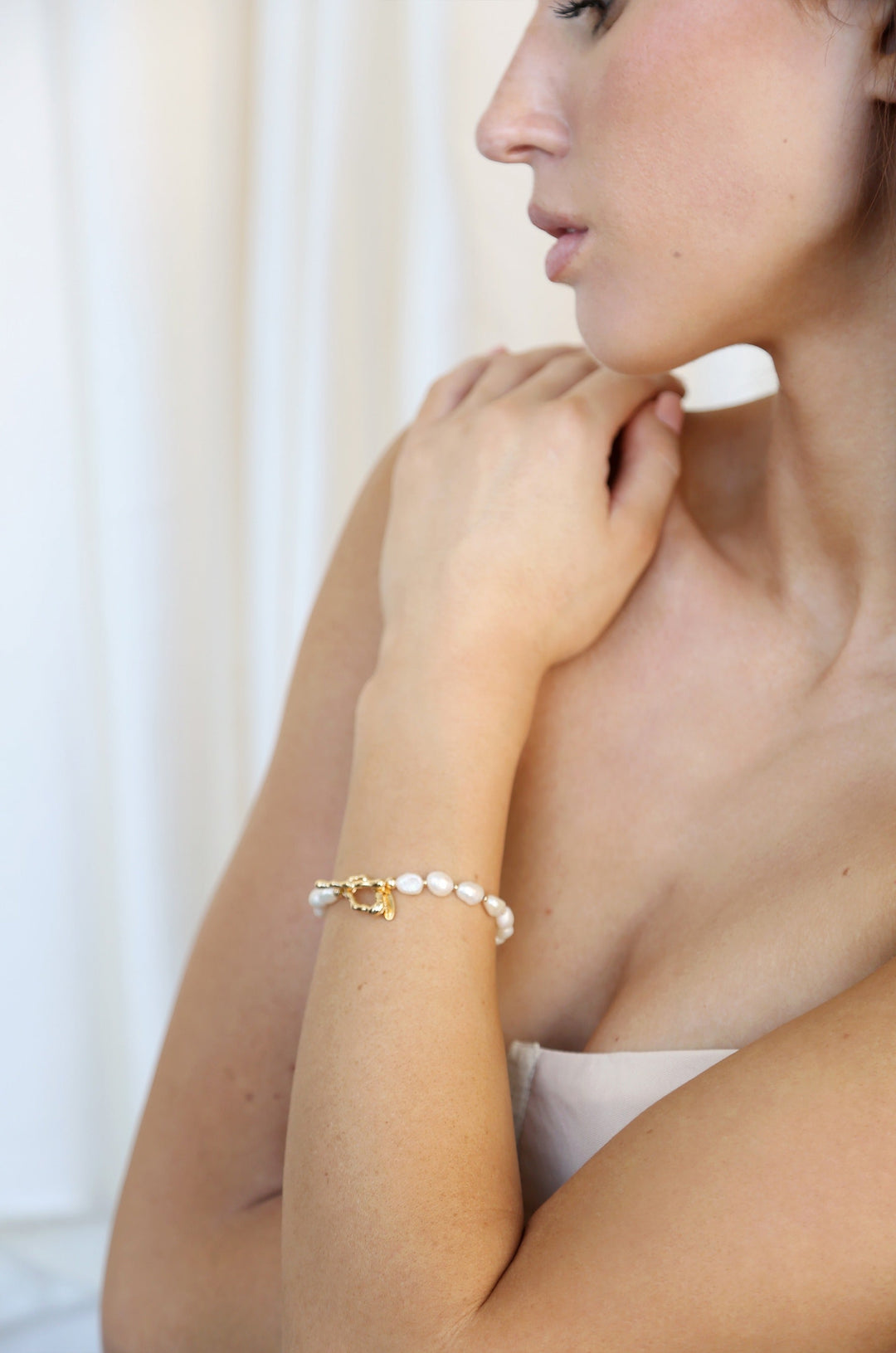 Freshwater Pearl and Gold Nugget Toggle Bracelet - Dear Lucy