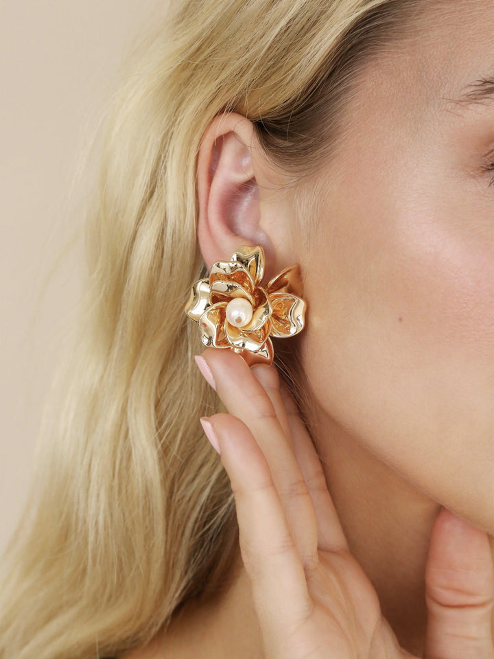 Ettika Golden Petals and Pearl Stud Earrings