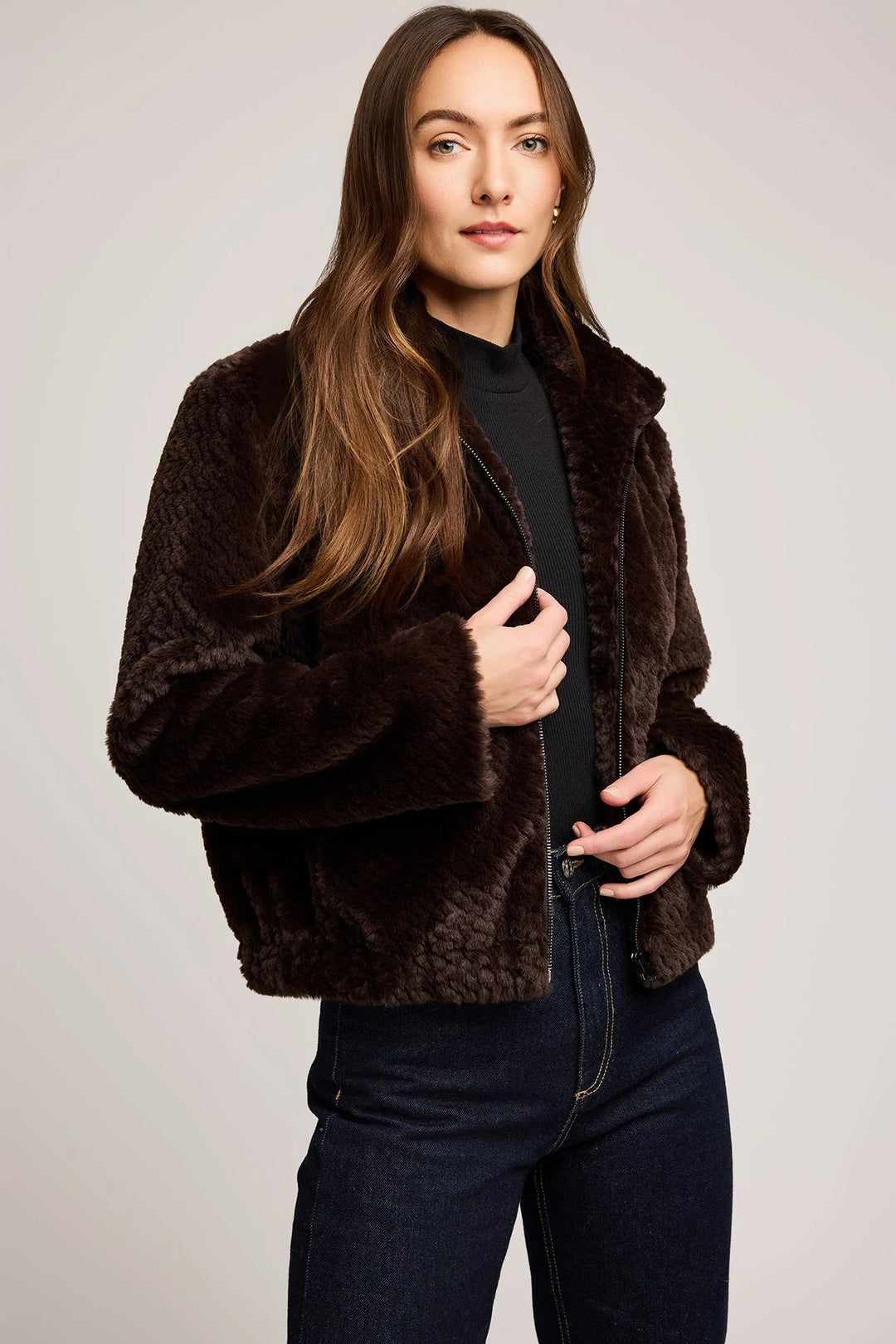 brown fur jacket rafted from soft faux fur with a subtle herringbone finish, this jacket is fully lined for comfort and designed to keep you warm on cooler days.
